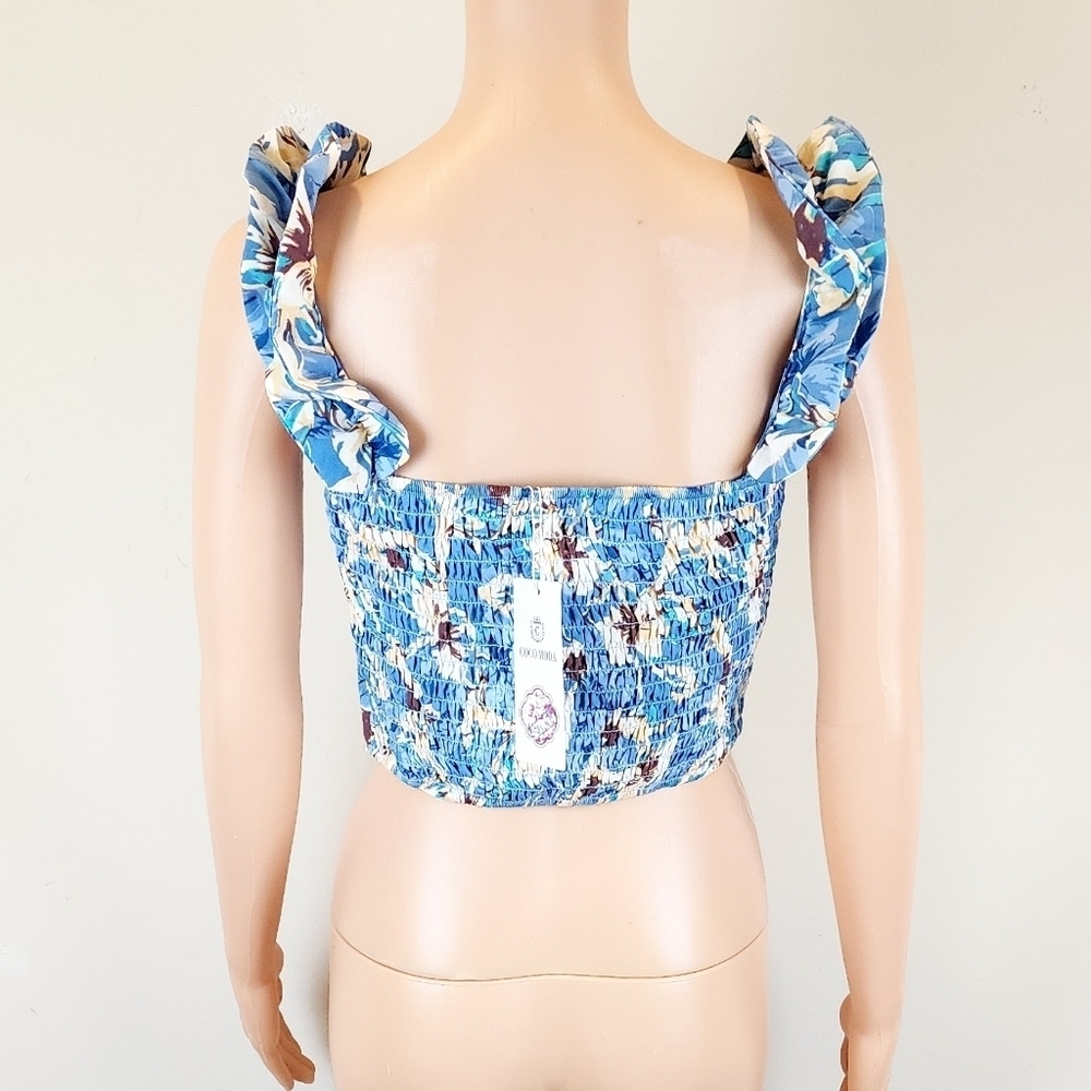 Coco Moda Floral Blue Ruffle Cropped Top - Picture 4 of 9